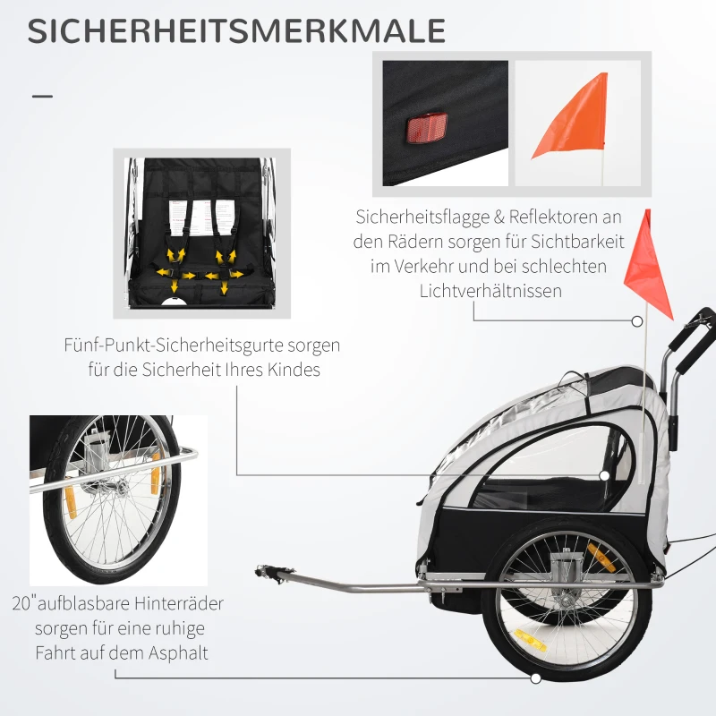 HOMCOM Kinderanhänger Fahrradanhänger Kinder Radanhänger für 2 Kinder mit Fahne Regenschutz atmungsaktiv Weiß-Schwarz Stahl 142 x 85 x 105 cm