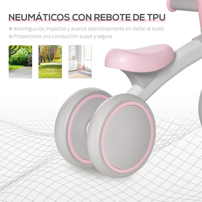 HOMCOM Bicicleta sin Pedales para Niños de 1-3 Años Bicicleta de Equilibrio con 3 Ruedas Silenciosas Correpasillos Triciclo de Bebé 60x24x37 cm Rosa