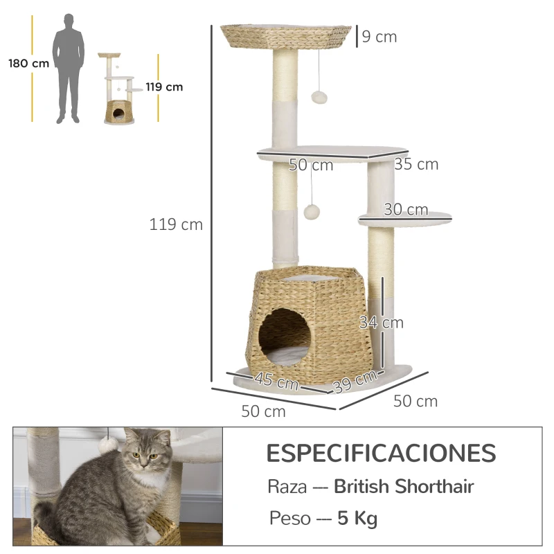 PawHut Árbol Rascador para Gatos Torre para Gatos con Cama Cueva Poste de Sisal y Bolas Colgantes 50x50x119 cm Natural