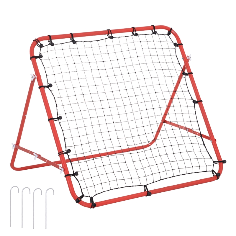 HOMCOM Red de Béisbol Red de Rebote Reboteador de Metal con Ángulo Ajustable y 20 Cuerdas Elásticas para Entrenamiento de Fútbol Tenis Deportes 96x80x96 cm Rojo