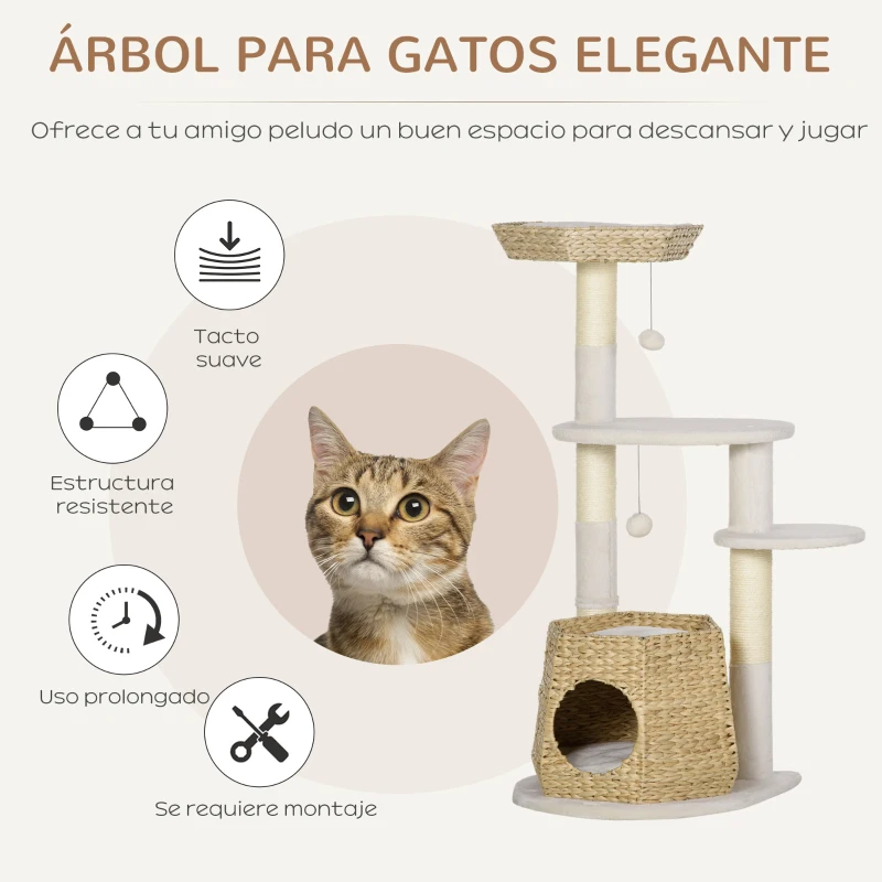 PawHut Árbol Rascador para Gatos Torre para Gatos con Cama Cueva Poste de Sisal y Bolas Colgantes 50x50x119 cm Natural
