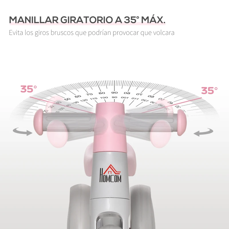 HOMCOM Bicicleta sin Pedales para Niños de 1-3 Años Bicicleta de Equilibrio con 3 Ruedas Silenciosas Correpasillos Triciclo de Bebé 60x24x37 cm Rosa