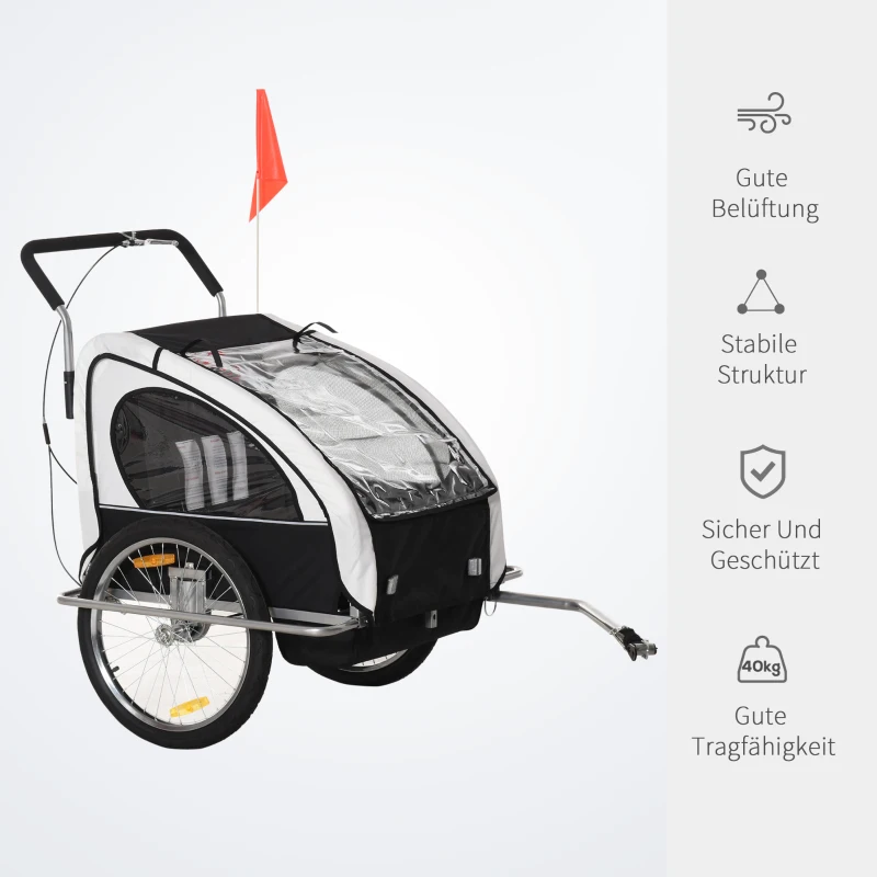 HOMCOM Kinderanhänger Fahrradanhänger Kinder Radanhänger für 2 Kinder mit Fahne Regenschutz atmungsaktiv Weiß-Schwarz Stahl 142 x 85 x 105 cm