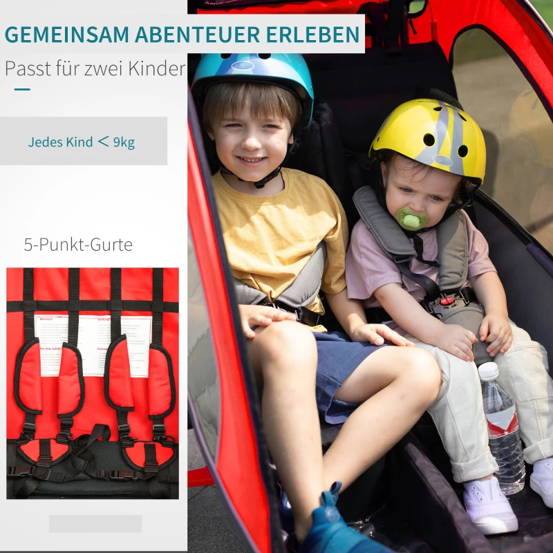 HOMCOM Kinderanhänger Fahrradanhänger Kinder Anhänger für 2 Kinder Regenschutz atmungsaktiv Rot-Schwarz 155 x 88 x 108 cm