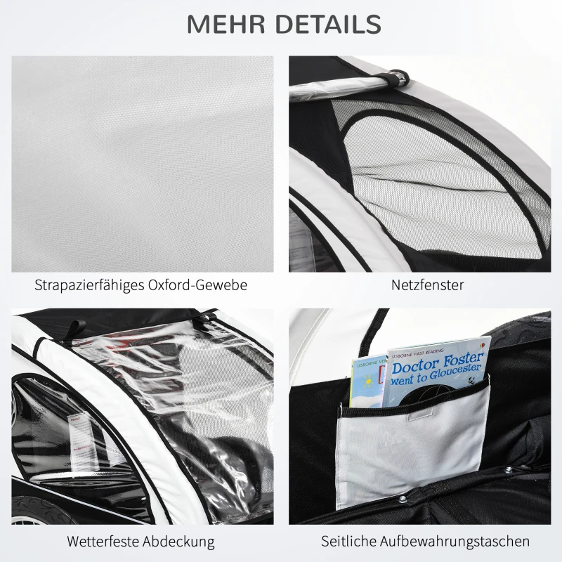 HOMCOM Kinderanhänger Fahrradanhänger Kinder Radanhänger für 2 Kinder mit Fahne Regenschutz atmungsaktiv Weiß-Schwarz Stahl 142 x 85 x 105 cm