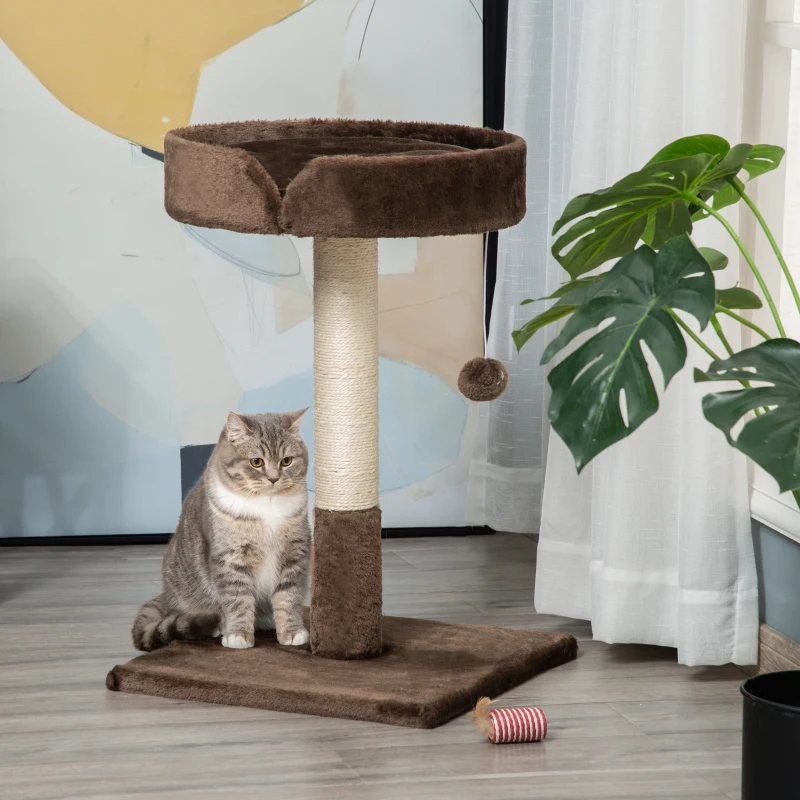 PawHut Small Cat Tree for Indoor Cats with Sisal Scratching Post Kitten Bed Cushion Ball Toy, Brown, 45x45x70 cm