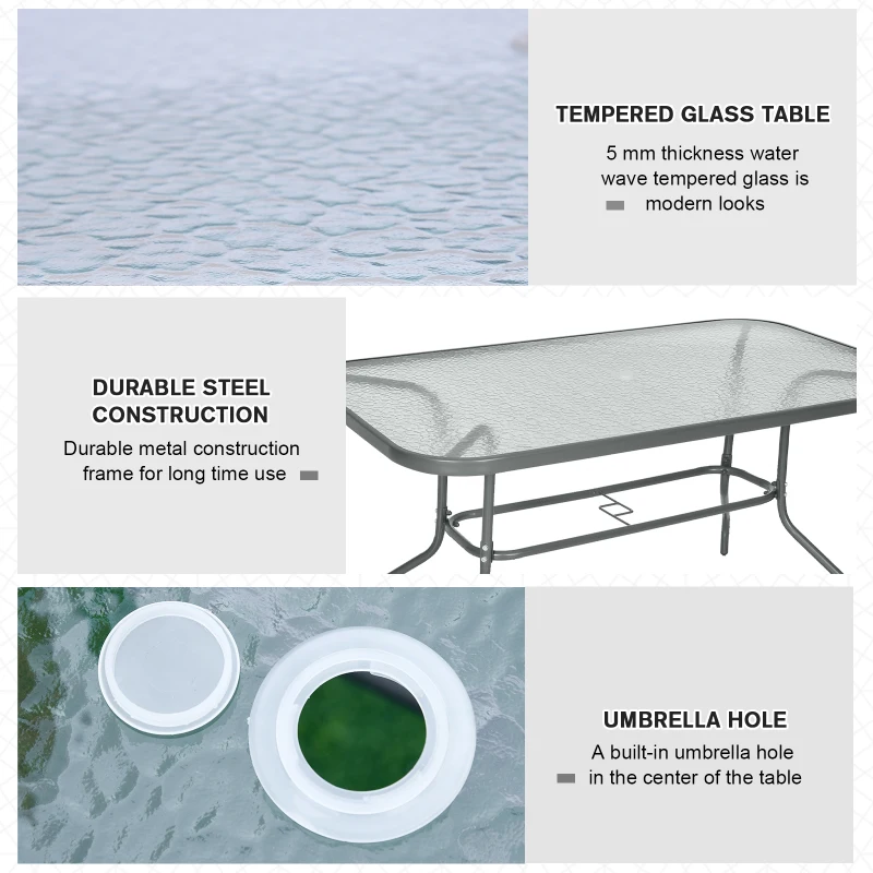Outsunny Masa de Exterior din Metal si Sticla Temperata cu Orificiu pentru Umbrela 140x80x70cm