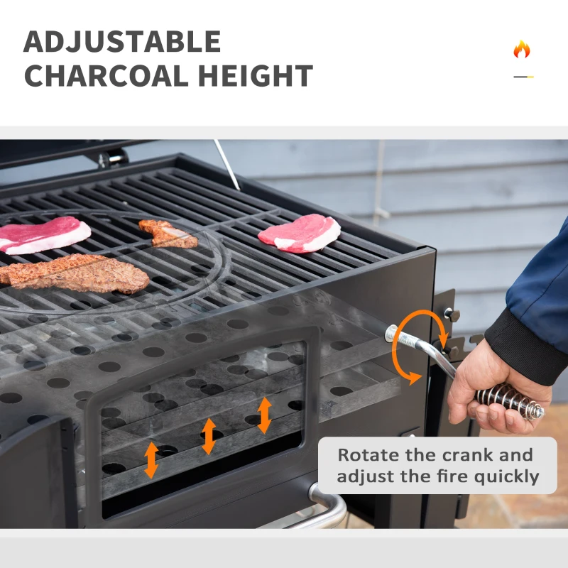 Outsunny Gratar cu Carbune 3 in 1 cu Rafturi Laterale Pliabile 124x66x112cm, Negru