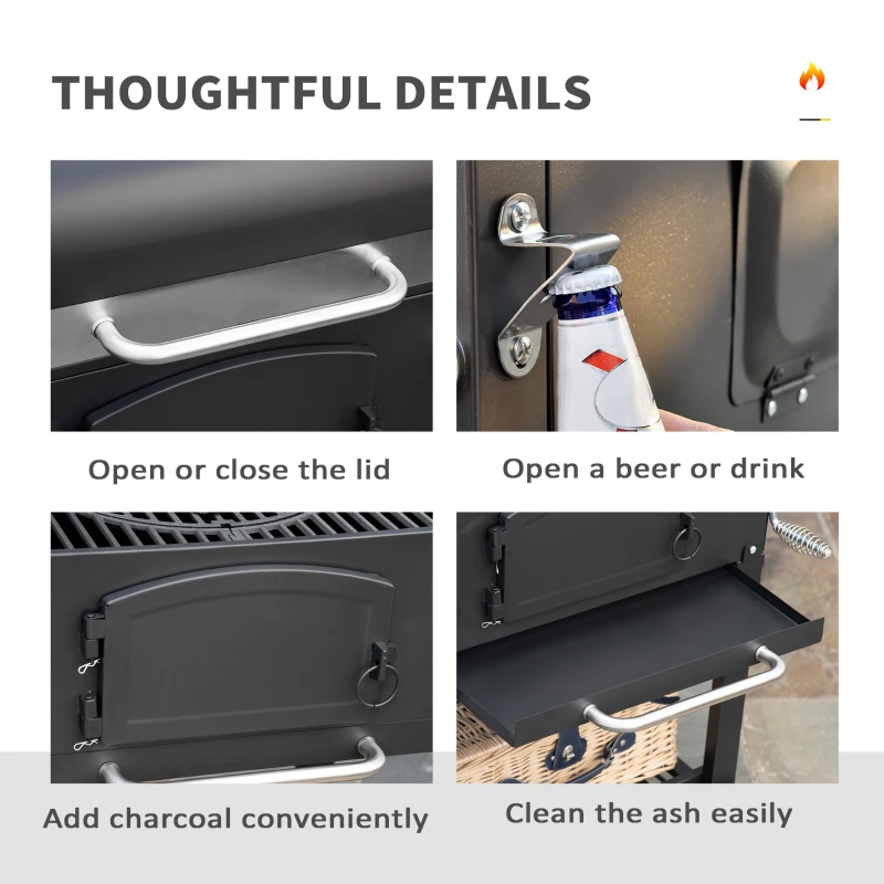 Outsunny Gratar cu Carbune 3 in 1 cu Rafturi Laterale Pliabile 124x66x112cm, Negru