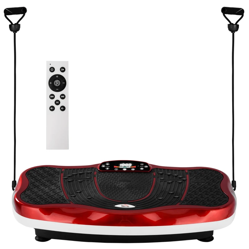 HOMCOM Plataforma Vibratória Placa de Vibração com Ecrã LED Velocidade Ajustável USB Música Controlo Remoto e Corda Elástica para Treinamento em Casa 78x45x13cm Preto e Vermelho