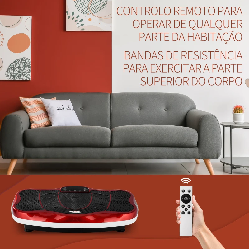 HOMCOM Plataforma Vibratória Placa de Vibração com Ecrã LED Velocidade Ajustável USB Música Controlo Remoto e Corda Elástica para Treinamento em Casa 78x45x13cm Preto e Vermelho