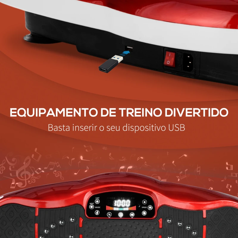 HOMCOM Plataforma Vibratória Placa de Vibração com Ecrã LED Velocidade Ajustável USB Música Controlo Remoto e Corda Elástica para Treinamento em Casa 78x45x13cm Preto e Vermelho