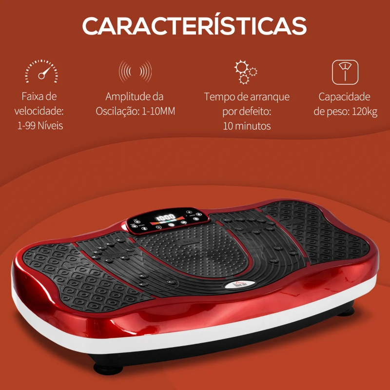 HOMCOM Plataforma Vibratória Placa de Vibração com Ecrã LED Velocidade Ajustável USB Música Controlo Remoto e Corda Elástica para Treinamento em Casa 78x45x13cm Preto e Vermelho