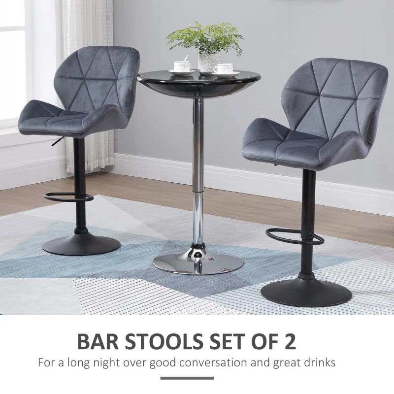 HOMCOM Adjustable Bar Stools Set of 2, Armless Upholstered Swivel Counter Chairs, Barstools with Back, Footrest, Dark Grey