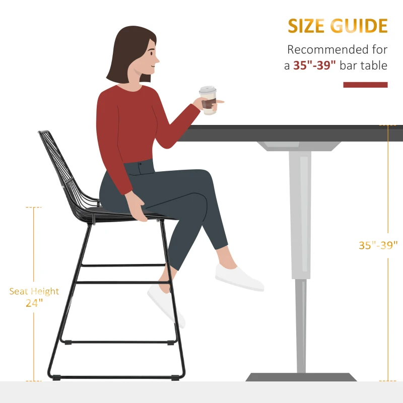 HOMCOM Set of 2 Bar Stools, Modern Counter Height Breakfast Bar Chairs with Wire Metal Frame for Kitchen, Dining Room, Black