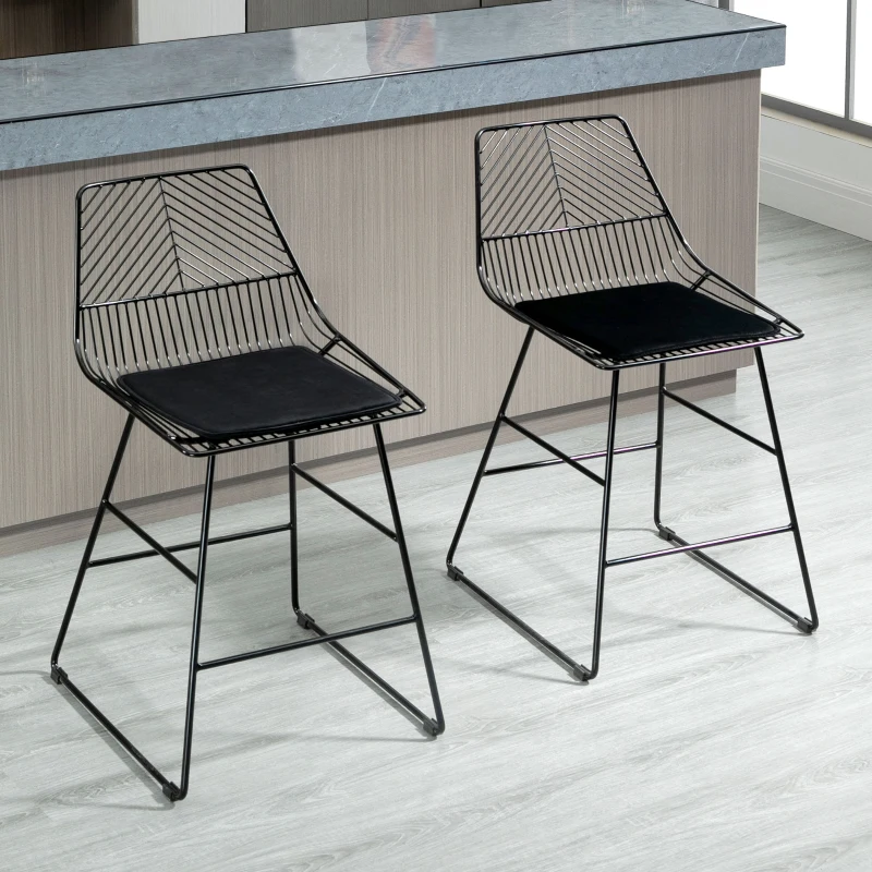 HOMCOM Set of 2 Bar Stools, Modern Counter Height Breakfast Bar Chairs with Wire Metal Frame for Kitchen, Dining Room, Black