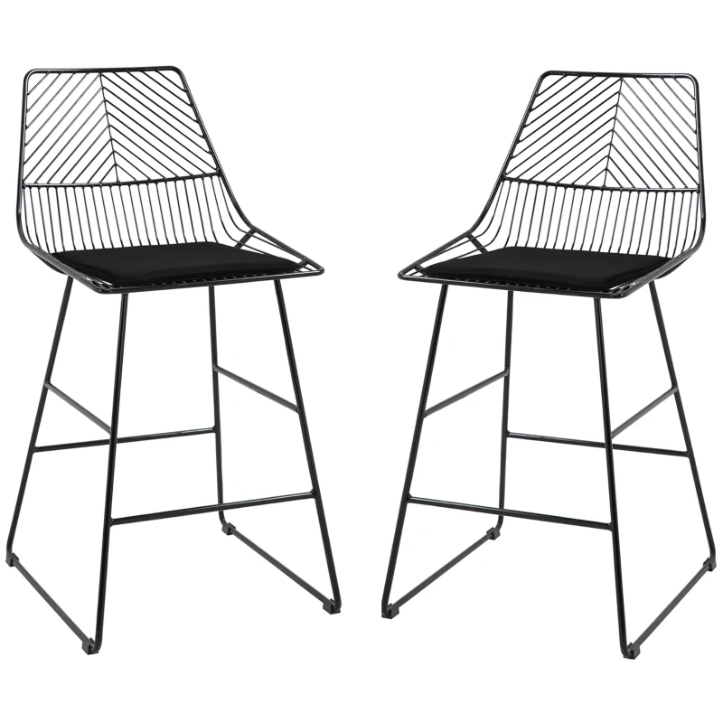 HOMCOM Set of 2 Bar Stools, Modern Counter Height Breakfast Bar Chairs with Wire Metal Frame for Kitchen, Dining Room, Black