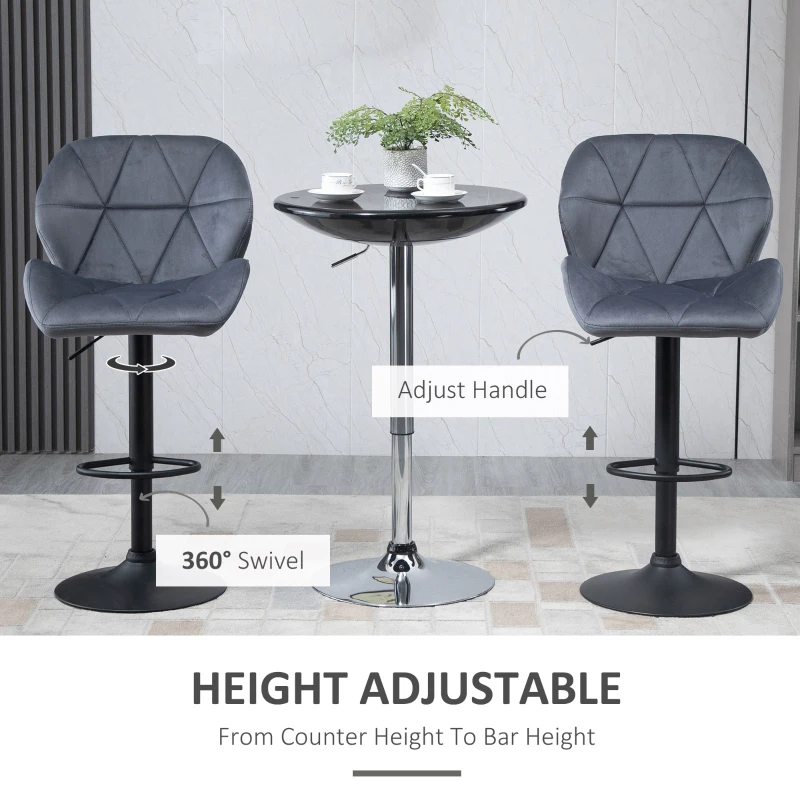 HOMCOM Adjustable Bar Stools Set of 2, Armless Upholstered Swivel Counter Chairs, Barstools with Back, Footrest, Dark Grey