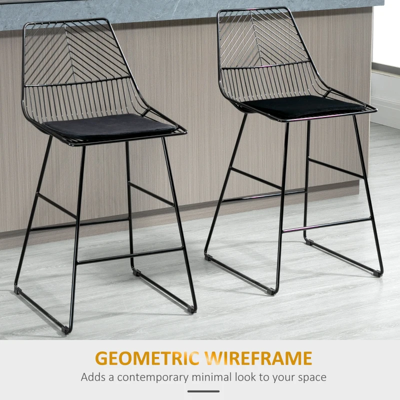 HOMCOM Set of 2 Bar Stools, Modern Counter Height Breakfast Bar Chairs with Wire Metal Frame for Kitchen, Dining Room, Black
