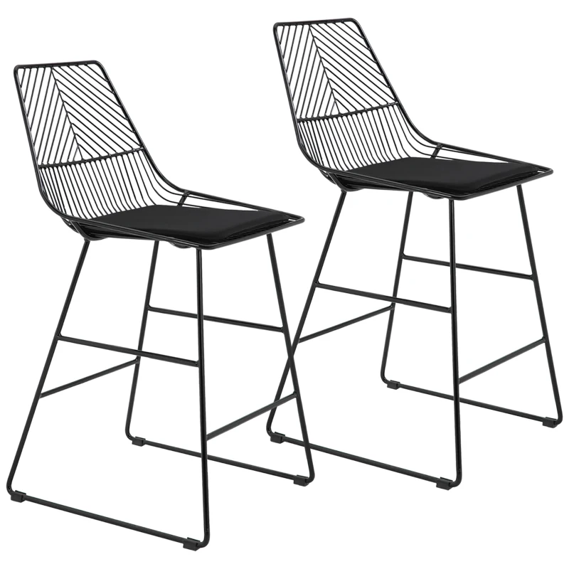 HOMCOM Set of 2 Bar Stools, Modern Counter Height Breakfast Bar Chairs with Wire Metal Frame for Kitchen, Dining Room, Black