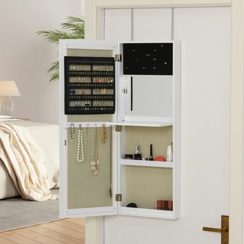 HOMCOM Armadietto Portagioie a Muro con Specchiera, Armadio Porta Gioielli, Organizzatore per Gioielli da Parete in Legno, Bianco