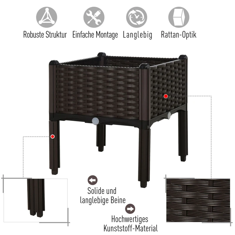 Outsunny® Kwietnik Donica Skrzynka na Kwiaty Rośliny Podwyższona Otwory Odpływowe Imitacja Ratanu PP Brązowy