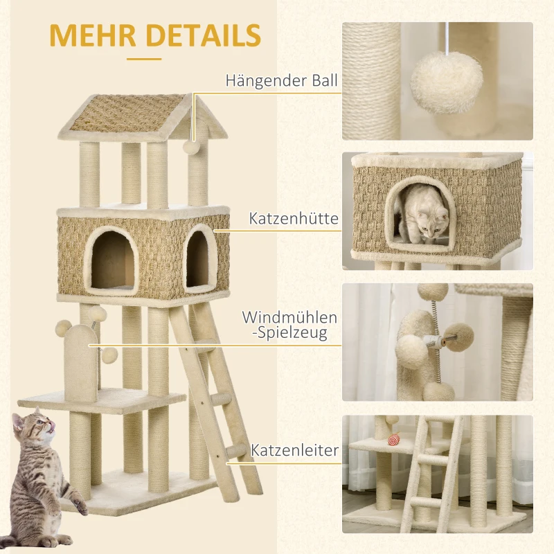PawHut Krabpaal met Kattenhol incl. Speelgoed Sisal Pluche Khaki + Beige + Koffie