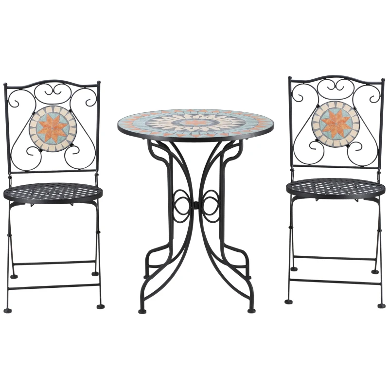Outsunny 3 Piece Garden Bistro Set, Folding Patio Chairs and Mosaic Tabletop for Outdoor, Balcony, Poolside, Light Blue