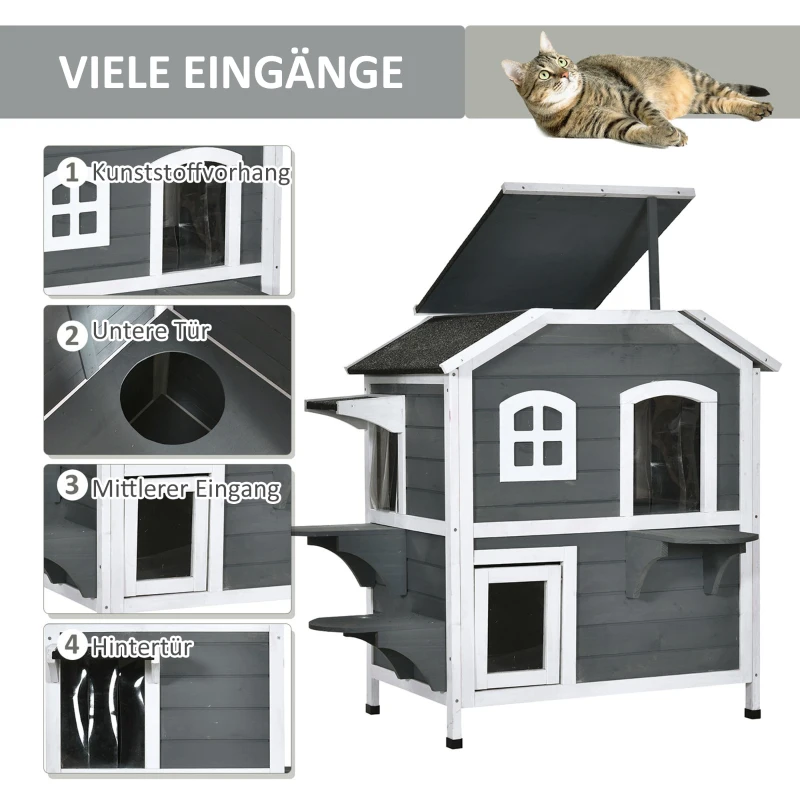 PawHut® Domek Dla Kota Ogrodowy Na Zewnątrz Budka Willa 2-Poziomowa Dach Asfaltowy Lite Drewno Szary