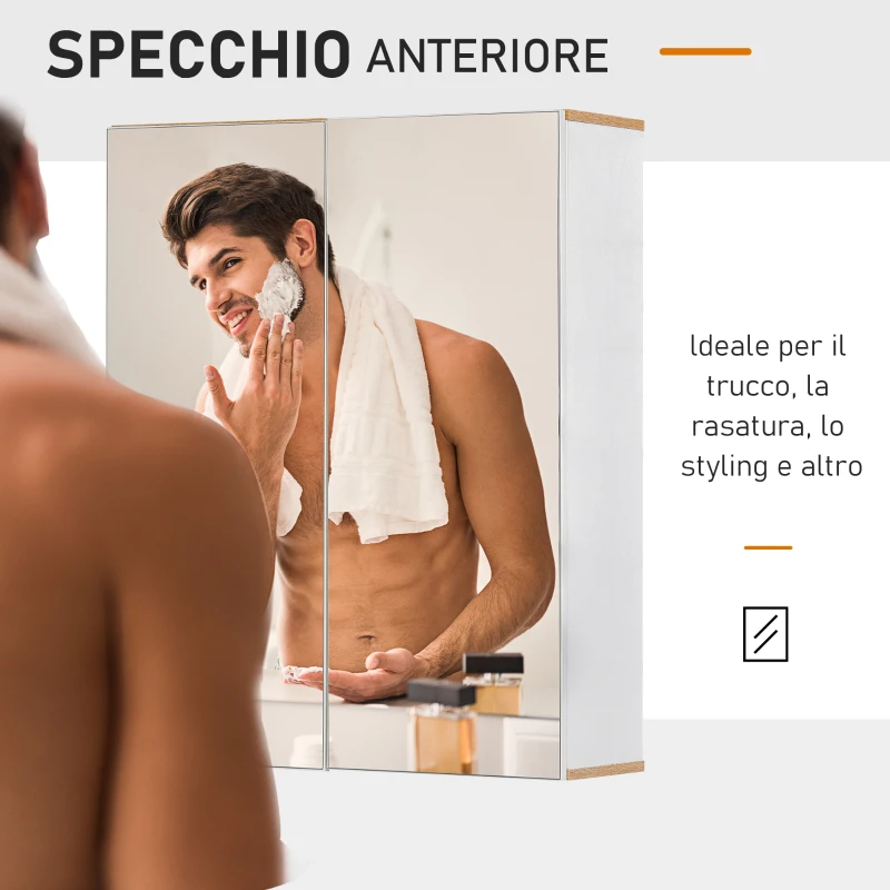 kleankin Specchio Contenitore Bagno, Pensile Bagno in Legno Bianco e Rovere, Mobile Salvaspazio 60x20.5x75cm