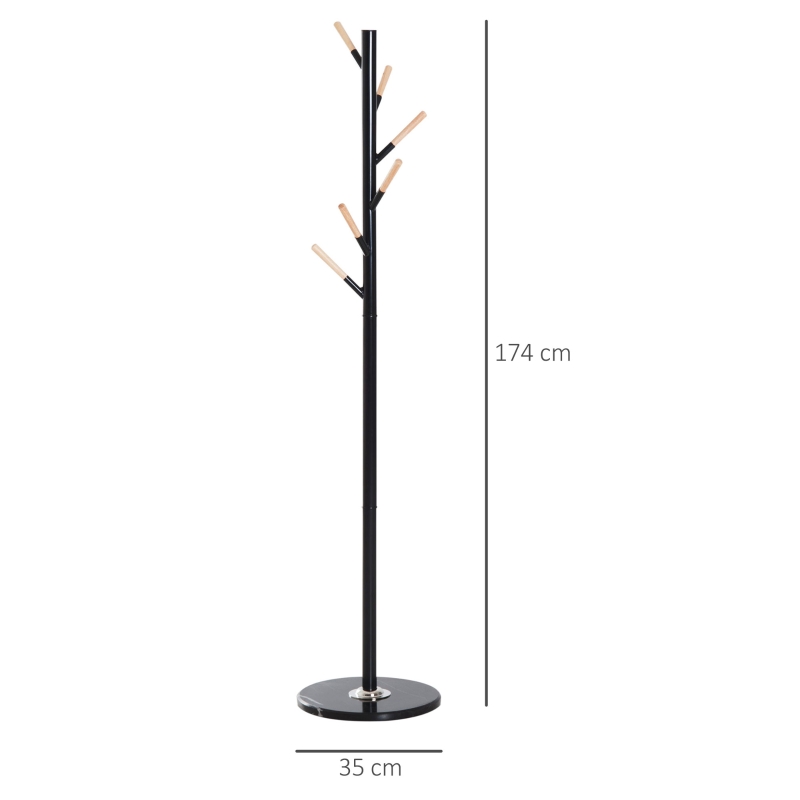 HOMCOM 174cm Free Standing Metal Coat Rack Stand with Marble Base 6 Hooks Clothes Tree Hat Display Hall Tree Hanger Bag Umbrella Hanging Organiser for Hallway Bedroom Waiting Room Living Room (Black)