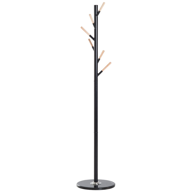 HOMCOM 174cm Free Standing Metal Coat Rack Stand with Marble Base 6 Hooks Clothes Tree Hat Display Hall Tree Hanger Bag Umbrella Hanging Organiser for Hallway Bedroom Waiting Room Living Room (Black)