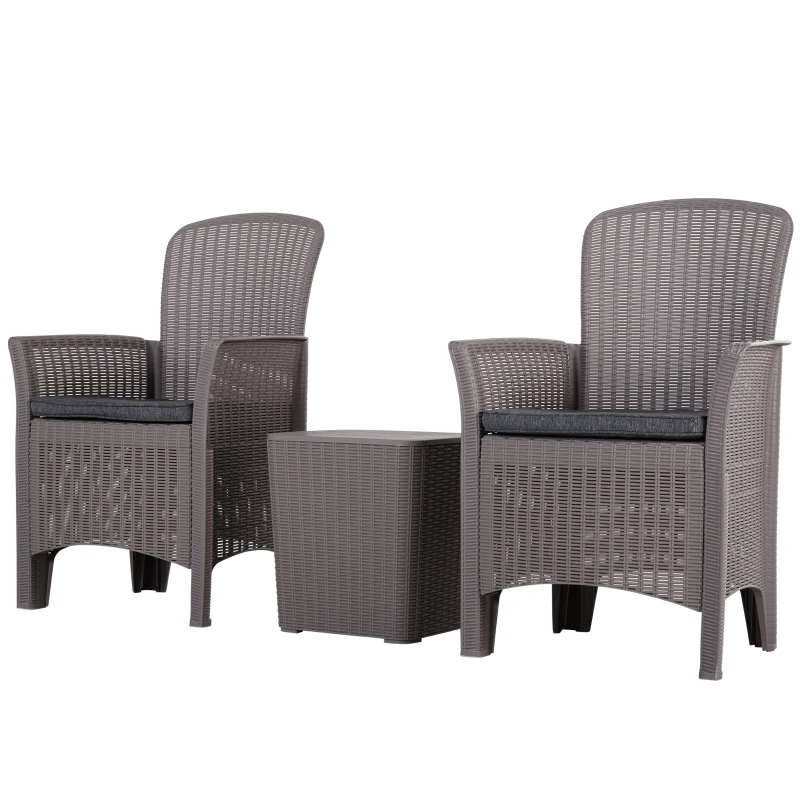 Outsunny 3 PCs Rattan Effect Bistro Set, Outdoor Wicker Weave Furniture w/ 2 Cushioned Chairs, 1 Storage Function Coffee Table for Garden, Patio, Furniture - Grey