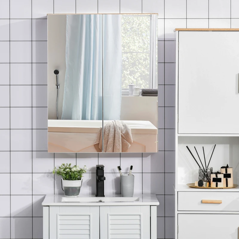 kleankin Specchio Contenitore Bagno, Pensile Bagno in Legno Bianco e Rovere, Mobile Salvaspazio 60x20.5x75cm