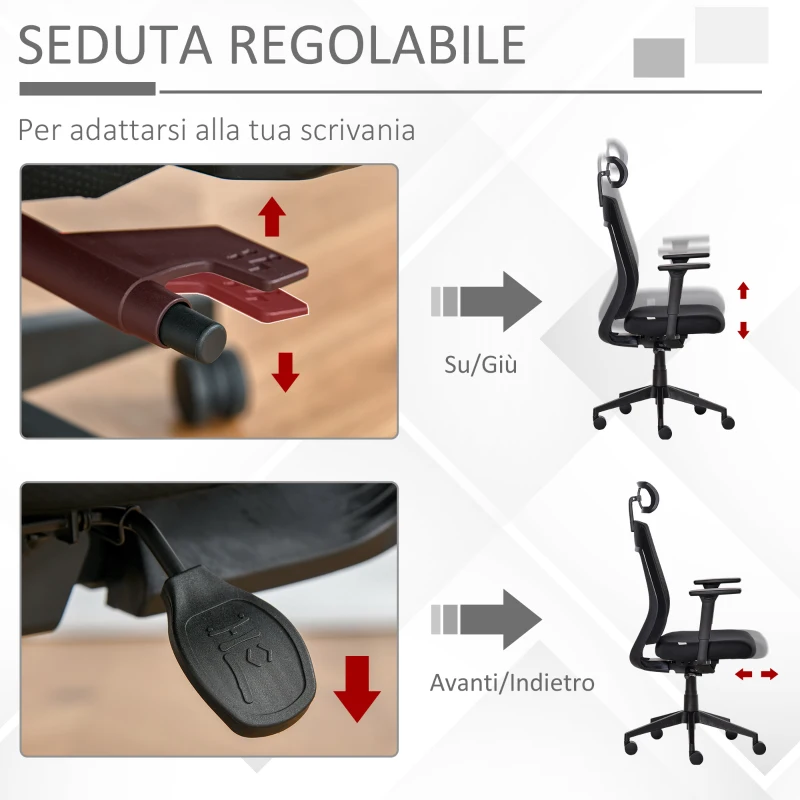 Vinsetto Sedia da Ufficio Ergonomica con Poggiatesta, Altezza Regolabile e Inclinazione, Poltrons Girevole con Ruote, 67x64x118-126cm, Nero