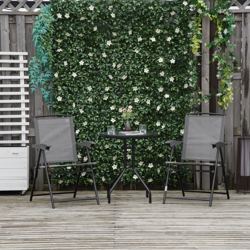 Outsunny 3 Piece Outdoor Bistro Set, Patio Conversation Furniture Set with 2 Folding Backrest Adjustable Armchairs and Glass Top Coffee Table, Grey