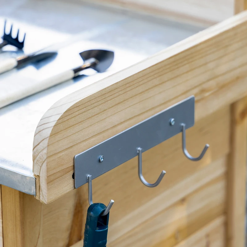Outsunny Plant Table with Galvanized Worktop Gardener's Table with Drawer Cabinet Garden Workbench Solid Wood Natural 112 x 48 x 125 cm