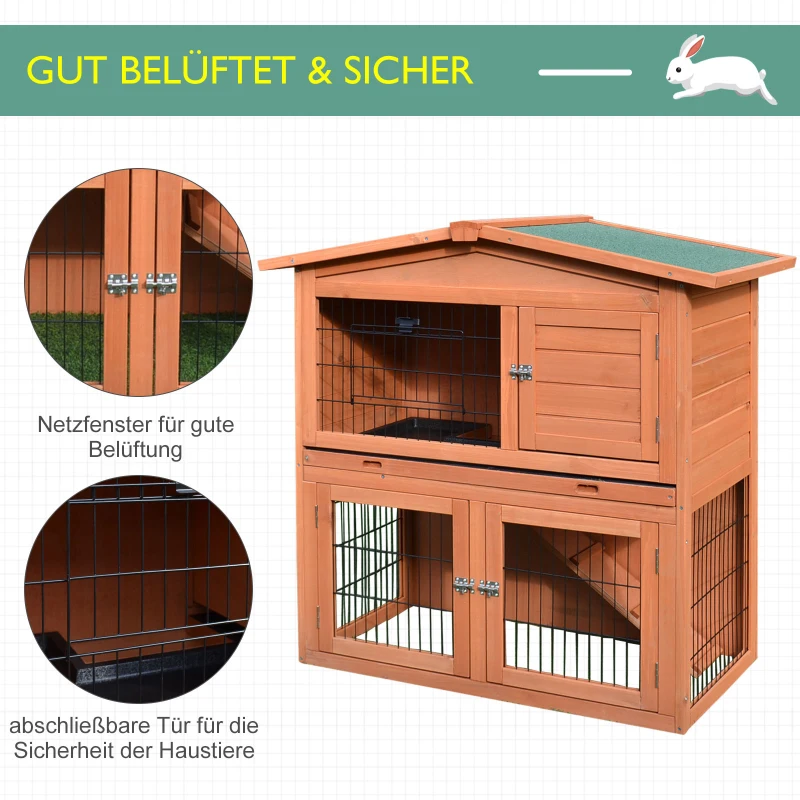 Dwupoziomowa klatka dla królika PawHut ze zjeżdżalnią dwupiętrowa klatka dla królików klatka dla zająca drewno jodłowe kolor jasnoczerwony 100,5 x 55 x 101 cm