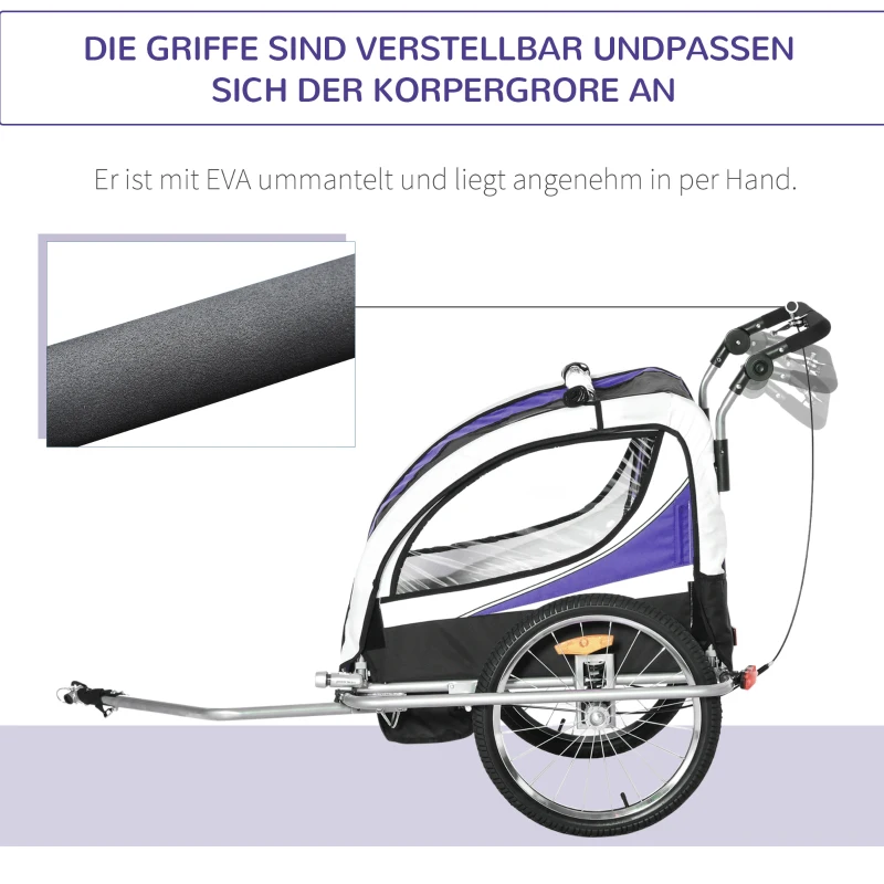 HOMCOM Kinderanhänger Fahrradanhänger Kinder Anhänger für 2 Kinder Regenschutz atmungsaktiv Lila-Schwarz 155 x 88 x 108 cm
