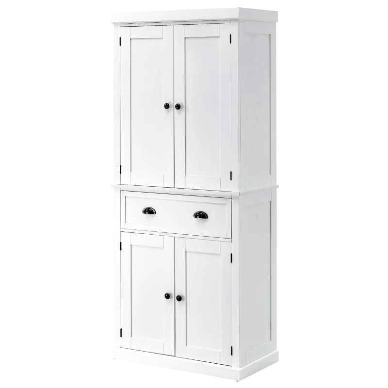 HOMCOM Freestanding Kitchen Cupboard, 184cm Tall Storage Cabinet with Doors and Shelves, Traditional Colonial 4-Door Kitchen Pantry Cupboard with Drawer, White