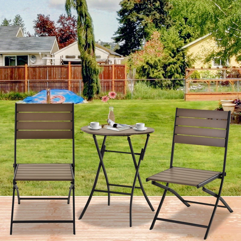 Outsunny 3 Pcs Folding Bistro Dining Set 2 Single Chair 1 Dining Table Metal Frame Plastic Panels Slatted Compact Garden Outdoor Apartment Furniture - Black&Brown