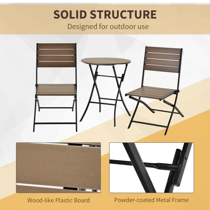 Outsunny 3 Pcs Folding Bistro Dining Set 2 Single Chair 1 Dining Table Metal Frame Plastic Panels Slatted Compact Garden Outdoor Apartment Furniture - Black&Brown