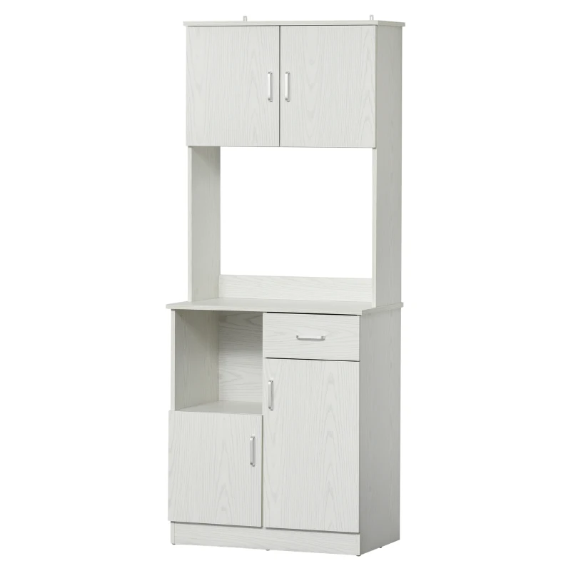 HOMCOM Tall Kitchen Cupboard, Kitchen Cabinet with Doors, Shelves, Drawer and Open Countertop, Storage Cabinet for Living Room, Dining Room, White