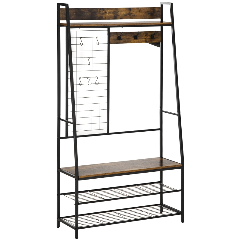 HOMCOM Appendiabiti da Terra con Scarpiera e Panca Stile Industriale in Legno e Acciaio, 98x36x185cm, Marrone
