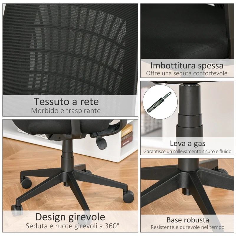 Vinsetto Sedia da Ufficio Ergonomica con Poggiatesta, Altezza Regolabile e Inclinazione, Poltrons Girevole con Ruote, 67x64x118-126cm, Nero