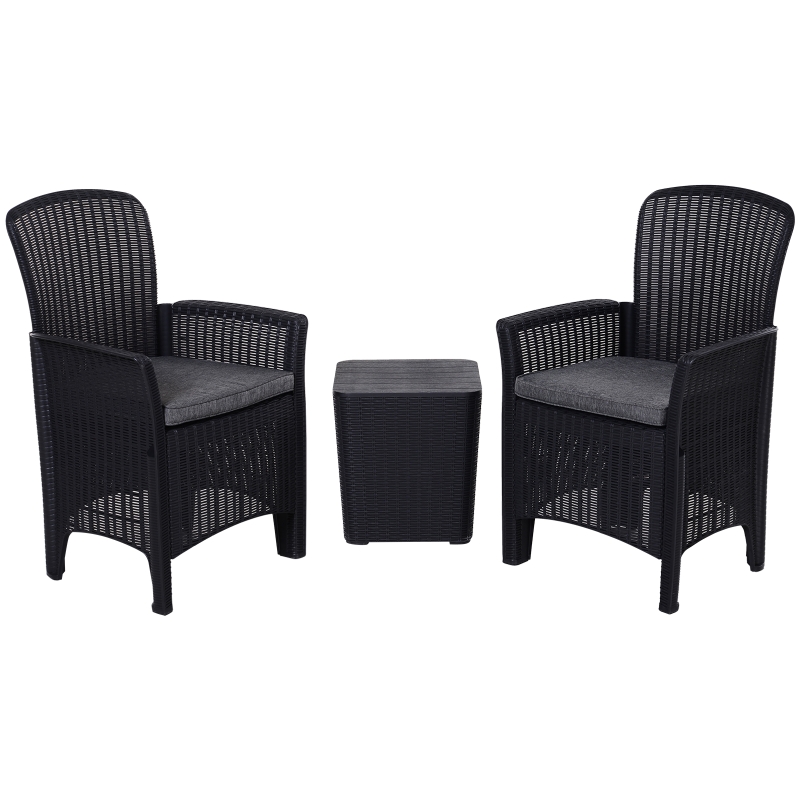 Outsunny 3 PCs Rattan Effect Bistro Set Outdoor Wicker Weave 2 Chairs 1 Coffee Table with Cushions Garden Patio Furniture - Black