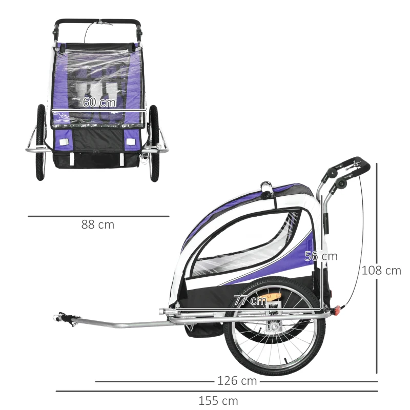 HOMCOM Kinderaanhanger 2 in 1 fietsaanhanger jogger aanhanger 360° draaibaar voor 2 kinderen