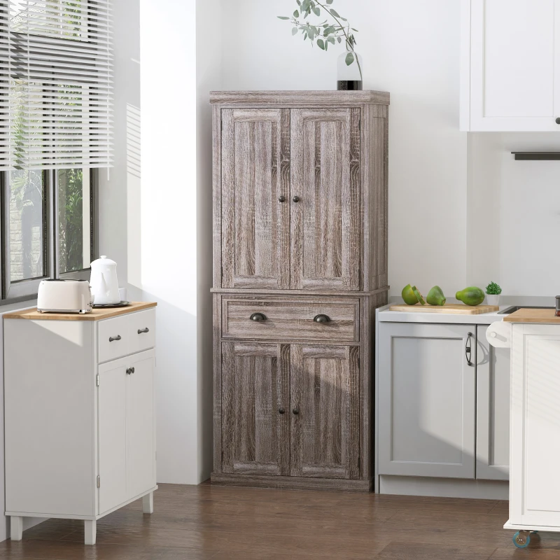 HOMCOM Freestanding Kitchen Cupboard, 184cm Tall Storage Cabinet with Doors and Shelves, Traditional Colonial 4-Door Kitchen Pantry Cupboard with Drawer, Dark Wood Grain
