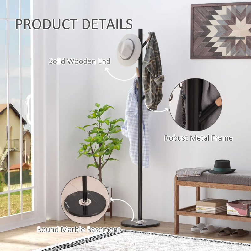 HOMCOM 174cm Free Standing Metal Coat Rack Stand with Marble Base 6 Hooks Clothes Tree Hat Display Hall Tree Hanger Bag Umbrella Hanging Organiser for Hallway Bedroom Waiting Room Living Room (Black)
