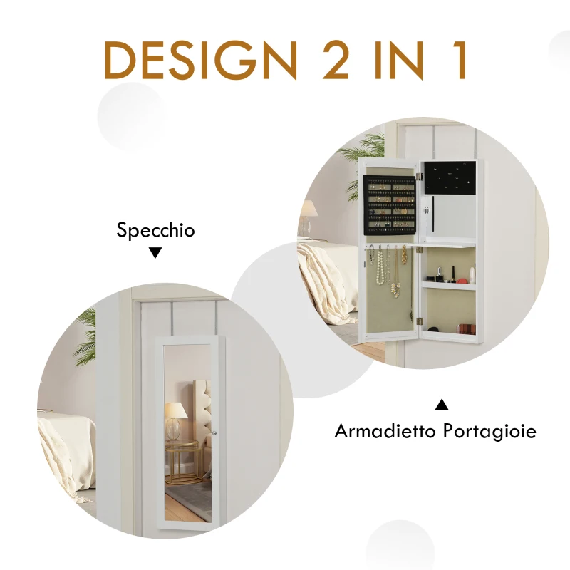 HOMCOM Armadietto Portagioie a Muro con Specchiera, Armadio Porta Gioielli, Organizzatore per Gioielli da Parete in Legno, Bianco